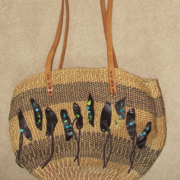 Large tote bag upcycled with leather and beads - Picture 1 of 3